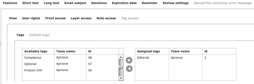 Task Review Settings Tag Access Default
