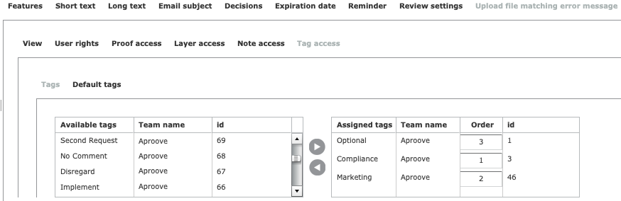 Task Review Settings Tag Access