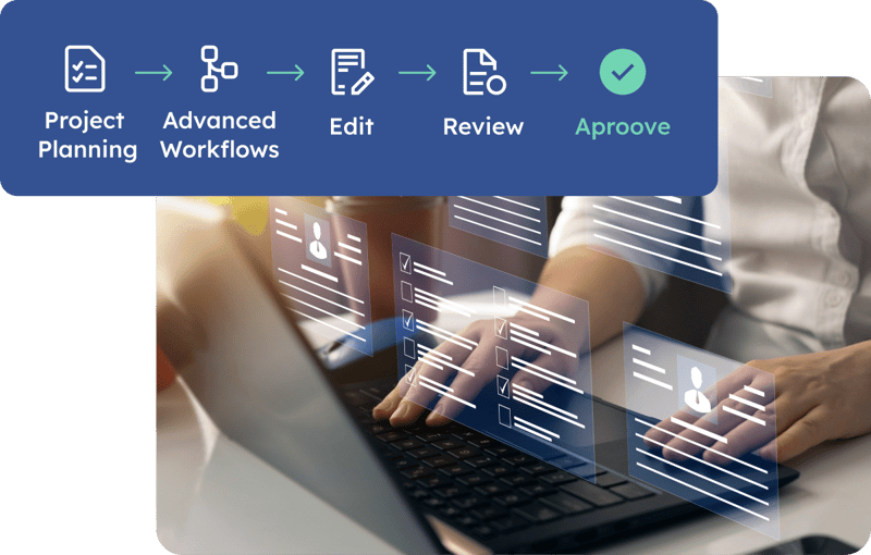 hands type on a laptop keyboard with icons representing wrokflow management overlayed across the image