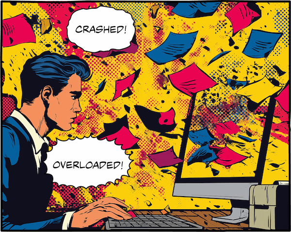 comic book panel of worker at computer with documents exploding out of the screen